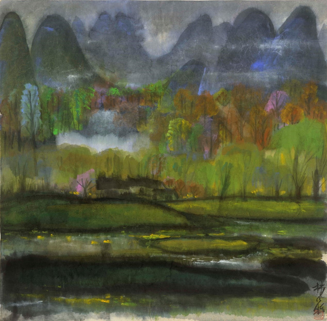 <h2>风景</h2><p>作者：林风眠</p><p>创作年代：20世纪80年代</p><p>规格：68cm×68cm</p><p>品类：中国画</p>